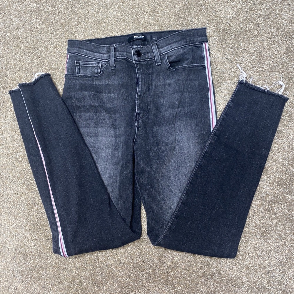 Hudson Barbara Super Skinny Jeans Black Pink Track Stripe Raw Hem 28 Dark Raven